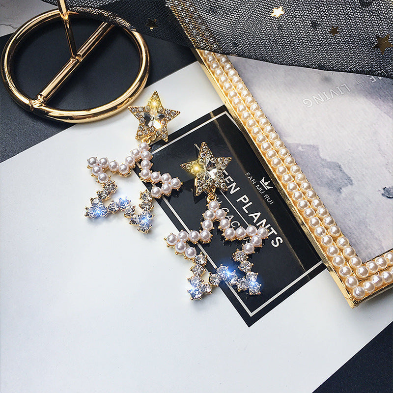 Hollow Pearl Double Star Earrings