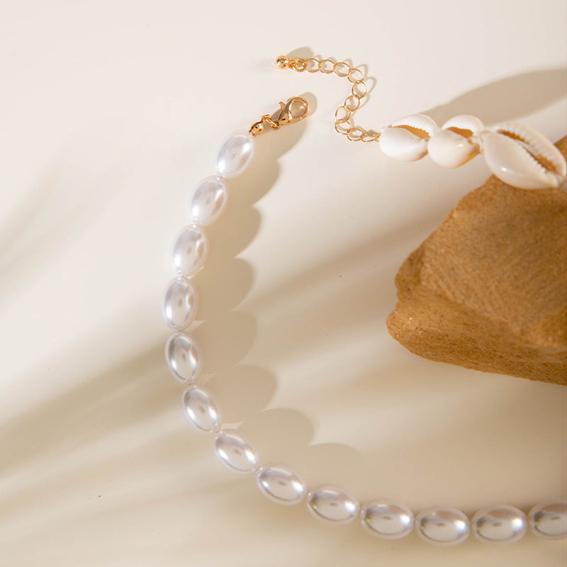 Elegant Bead Chain Pearl Sea Shell Pendant Necklace