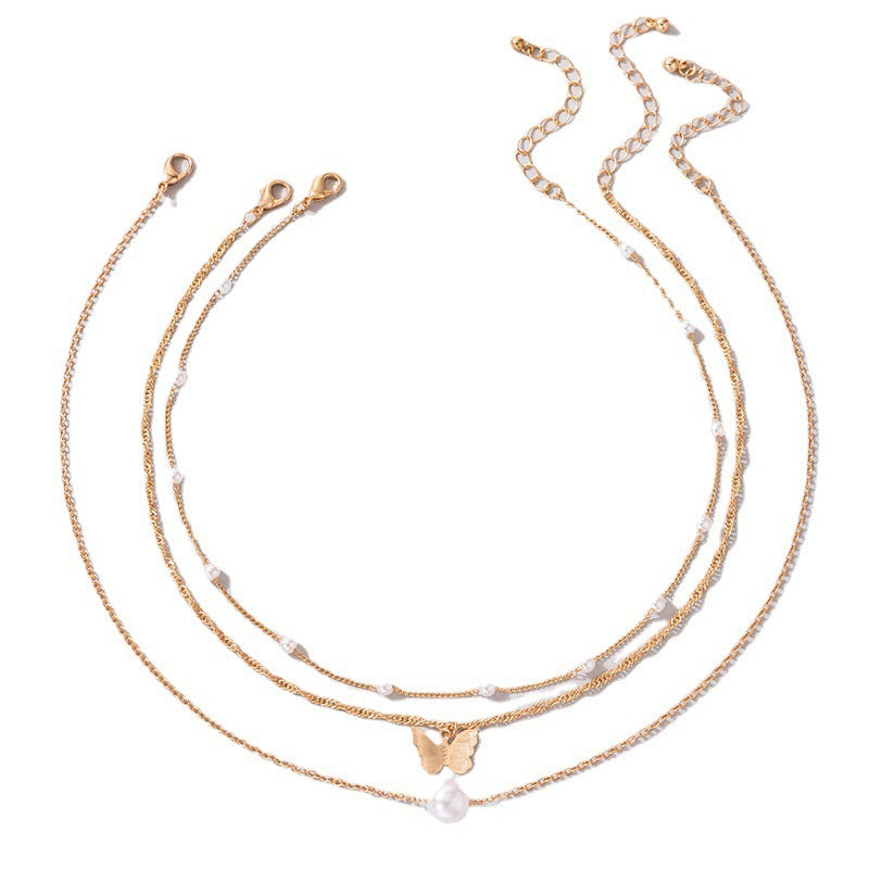 3 Layers Metallic Chain Pearl Butterfly Charm Necklace