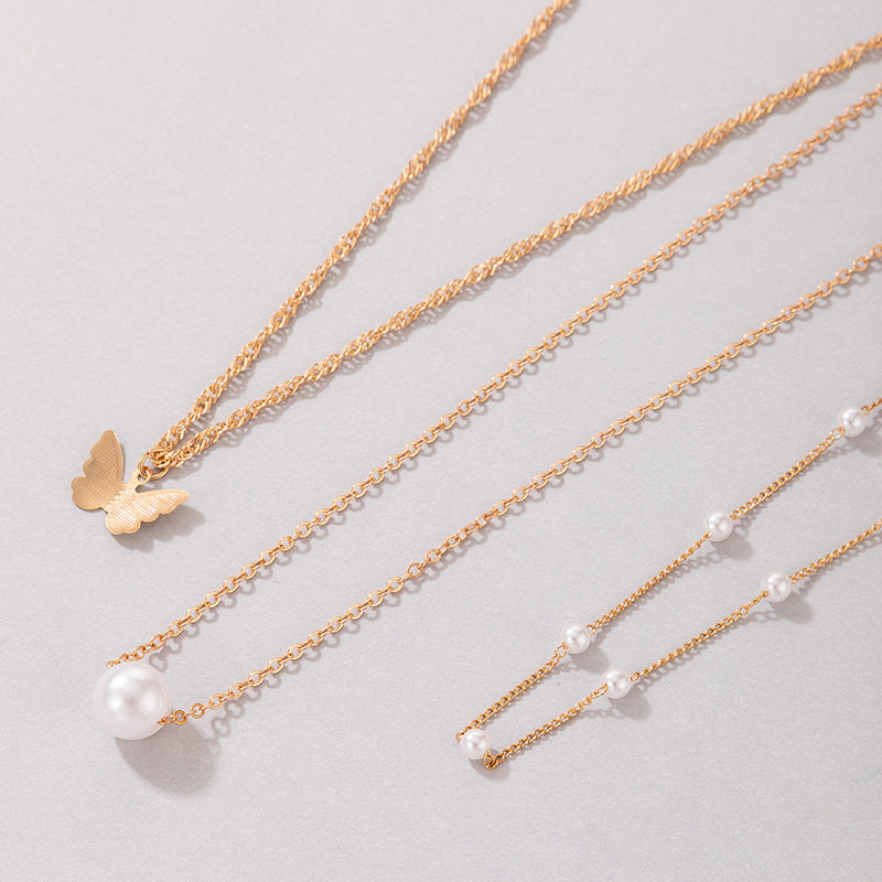 3 Layers Metallic Chain Pearl Butterfly Charm Necklace