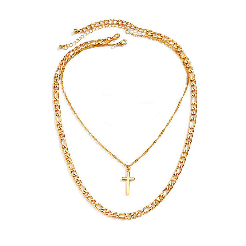 Punk Cuban Chain Stacked Cross Pendant Necklace