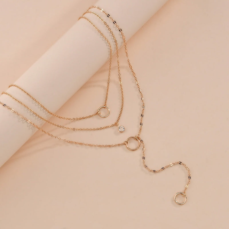 Double Layer Chain Geometric Ring Pendant Necklace