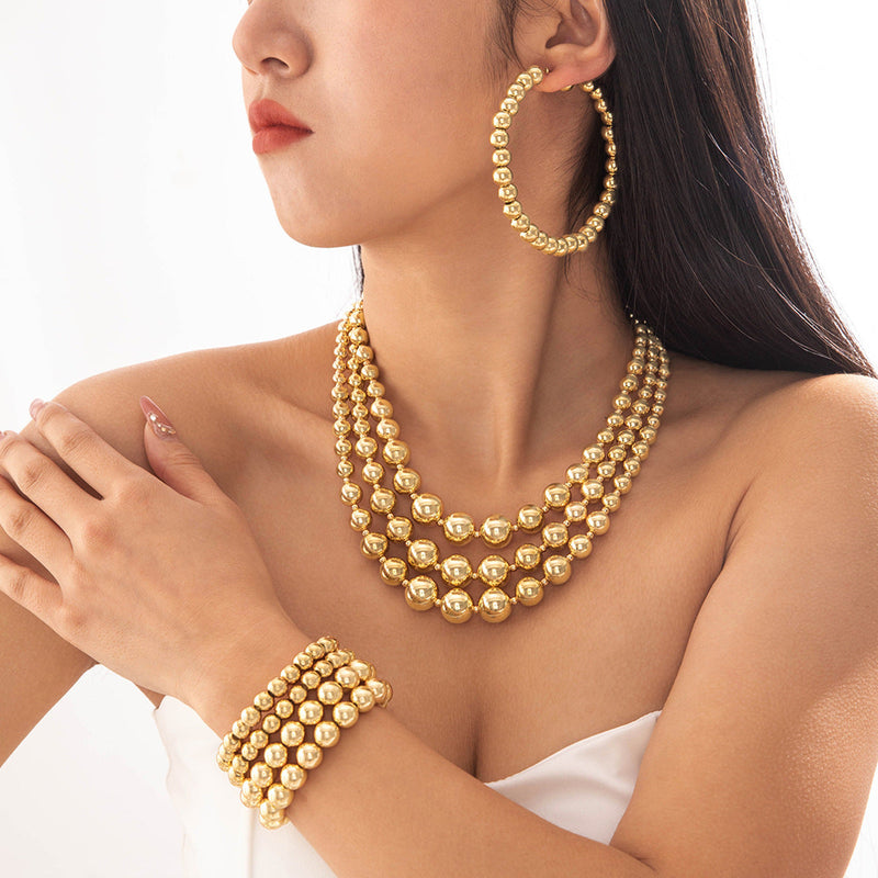 Retro CCB Geometric Metallic Beads Layer Chain Necklace Set