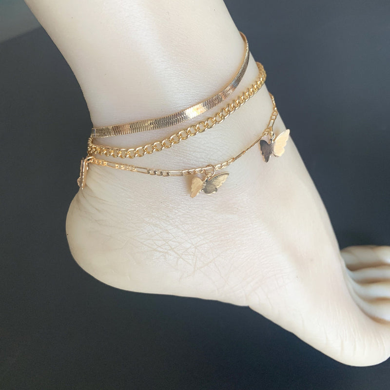 Figaro Chain Geometric Anklet Women Butterfly Tassel Multilayer Foot Chain