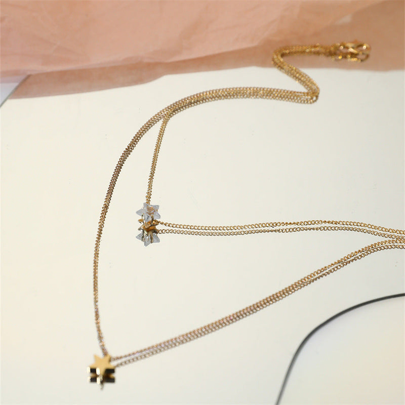 Vintage Multi Layer Zircon Double Crystal Cute Star Choker Chain Necklace
