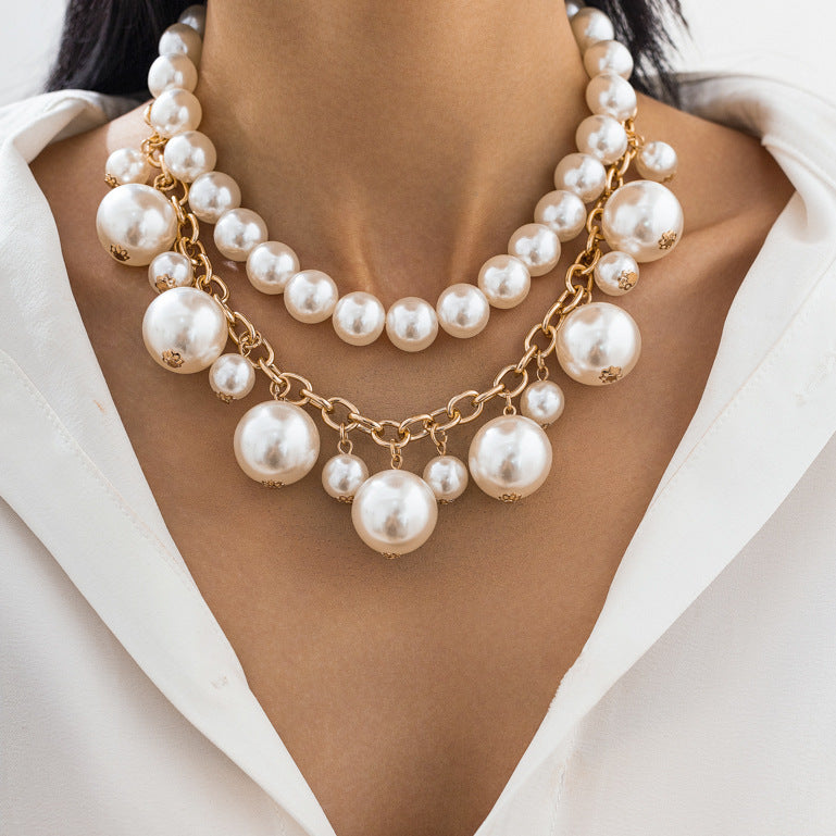 Exaggerated Large Pearl Tassel Clavicle Chain Layered Pearl Beaded Necklace