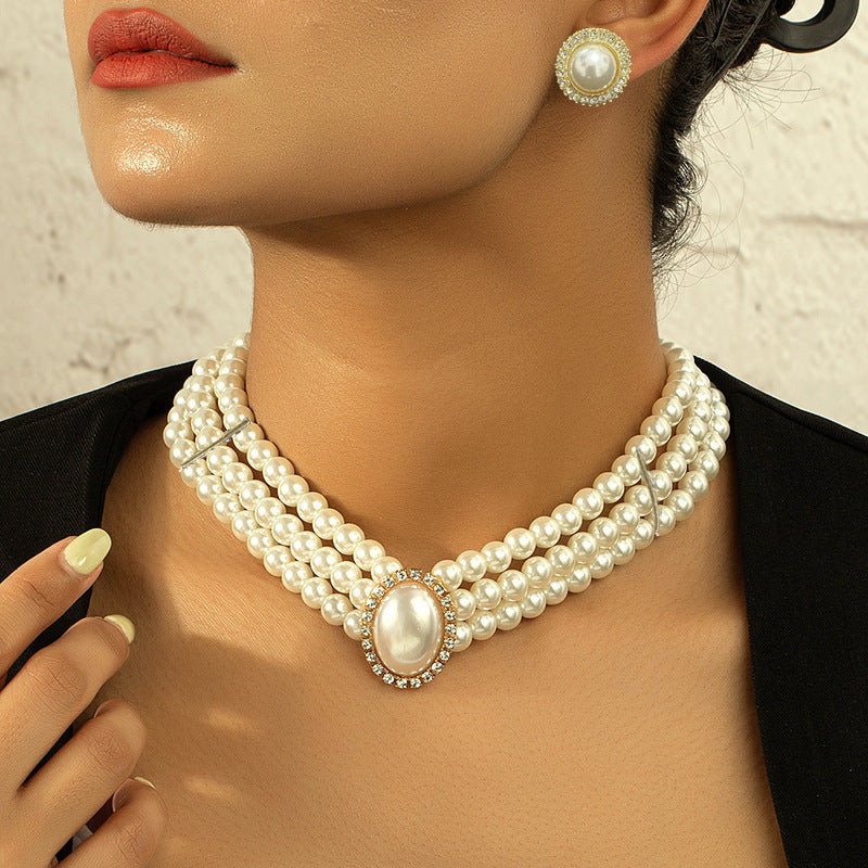 Layers White Pearl Bib Statement Necklace Earring Set