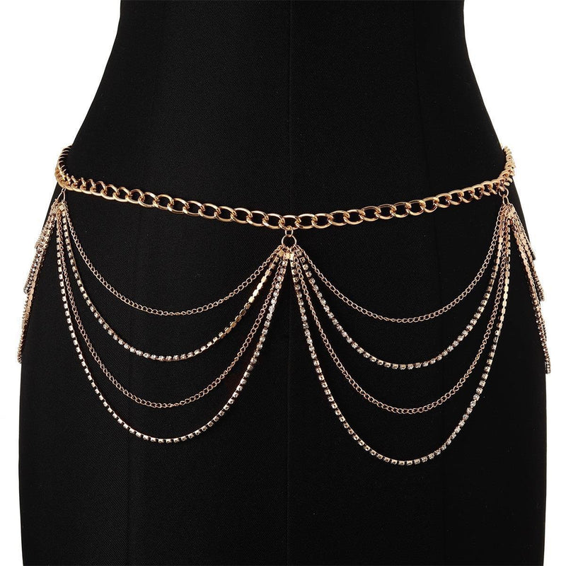 Metal Rhinestone Waist Chain Tassel Multi-layer Waist Chain