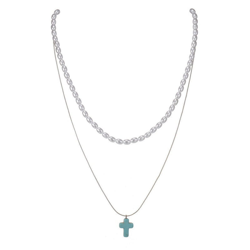 Turquoise Cross Pendant Stone Pearl Multi Layer Necklace