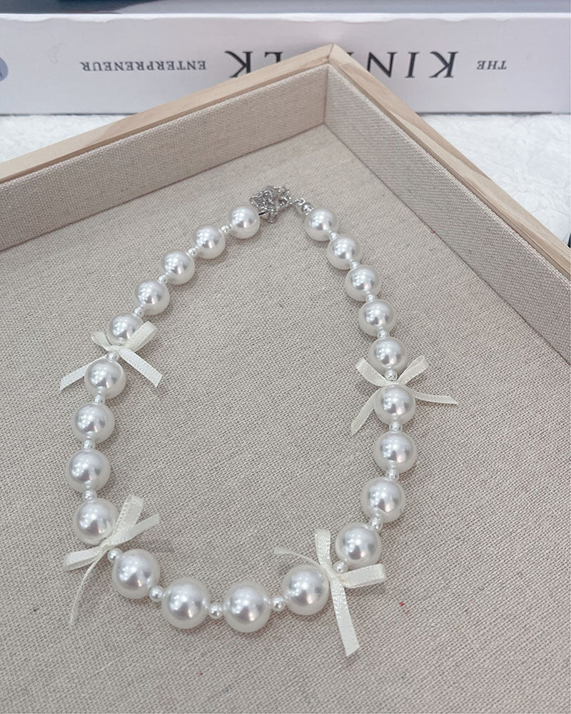Ribbon Bow Necklace Women's Love Pearl Bead Layered Necklace