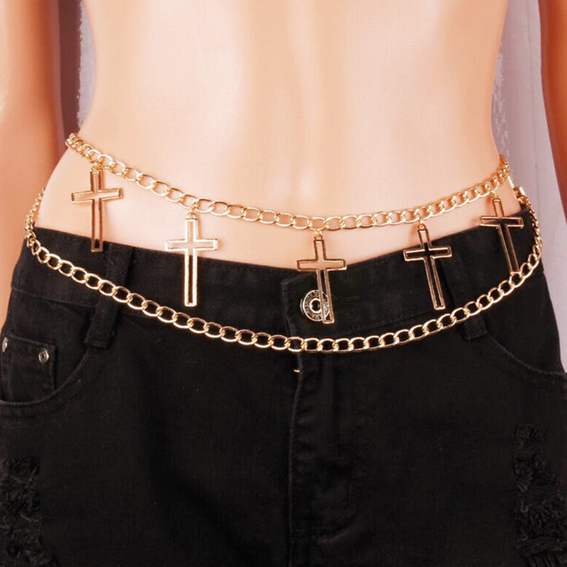 Girls Punk Double Row Waist Chain With Cross Pendant