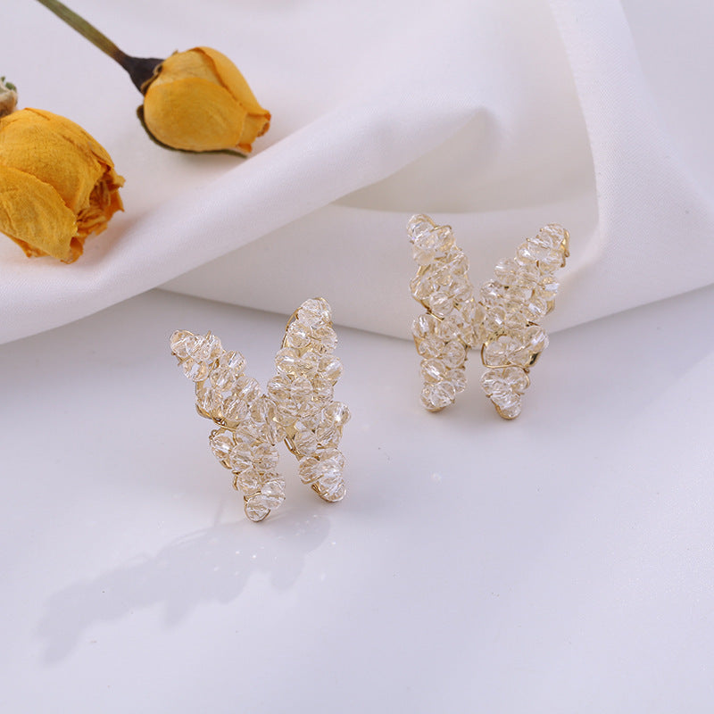 Crystal Bead Butterfly Stud Earrings