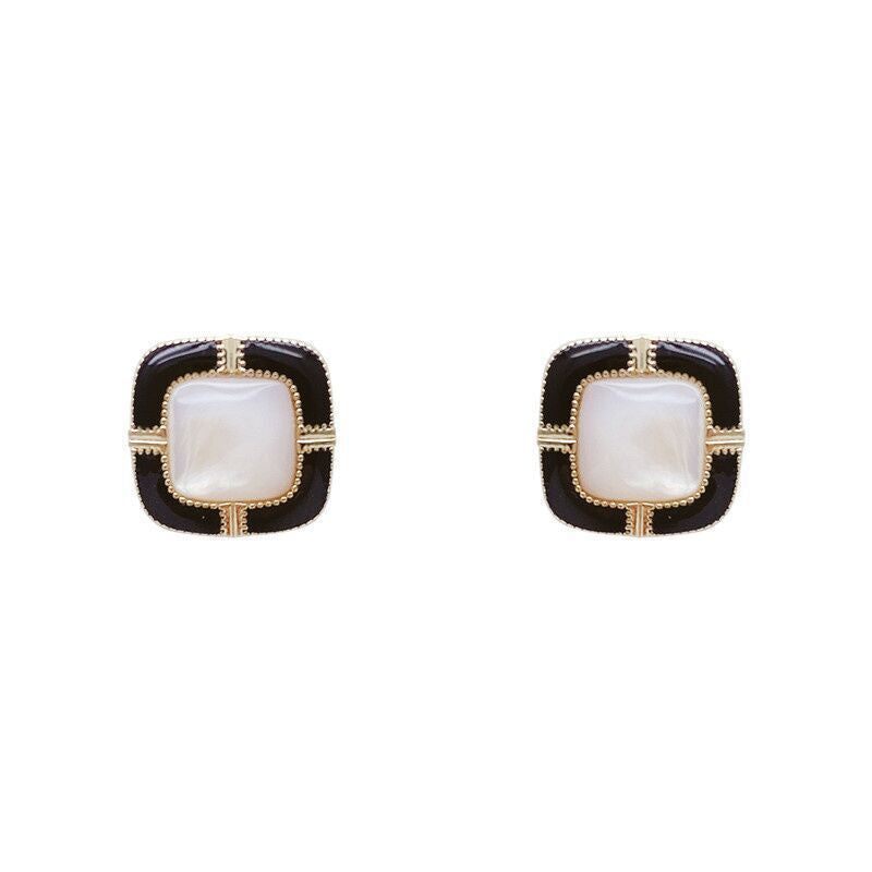 Geometric Enamel Pearl square Stud Earrings