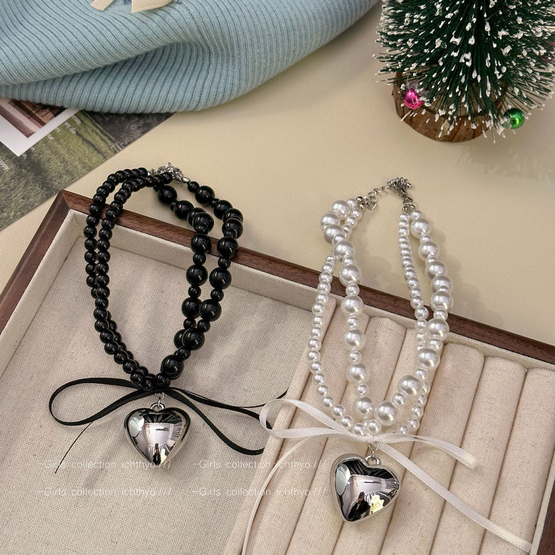 Black Ribbon Bow Heart Pendant Necklace for Women