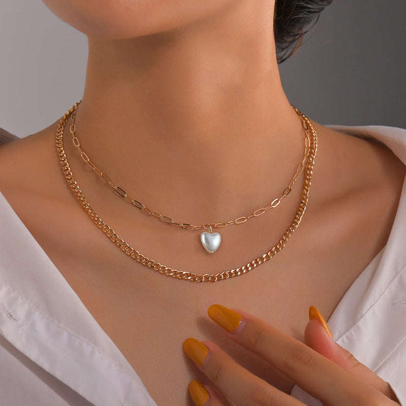 Vintage Pearl Heart Layer Chain Necklace