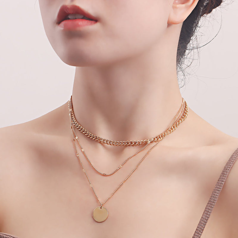 Multi Layered Chain Necklace for Women with Round Charm Pendant