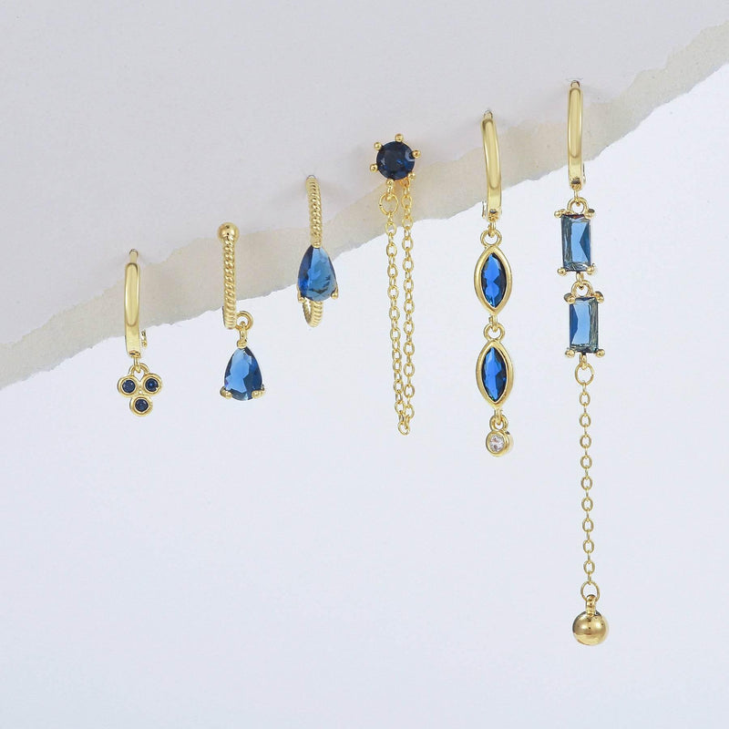 Stacking 6 Pieces Long Tassel Vintage Earring Set with Micro-Pavé Dazzling Blue Zircons, 18k Gold Plated Ear Studs & Ear Drops, S925 Needle, Stacked Lobe Designs with Dazzling Zirconia
