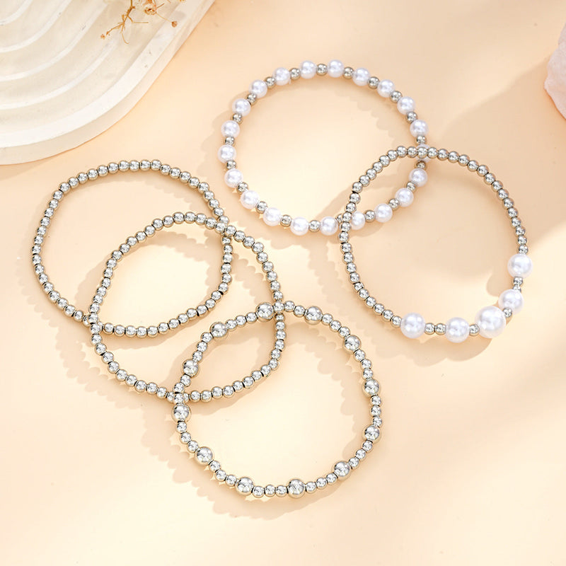 Imitation Pearl Metallic Round Beads Bracelet Set