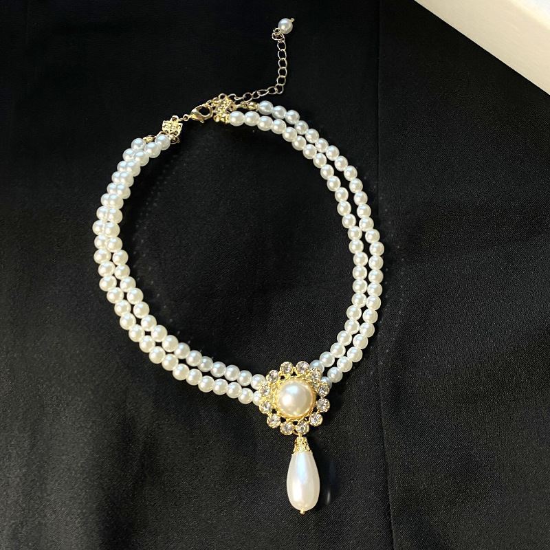 Vintage Courtly Double Pearl Clavicle Chain Necklace