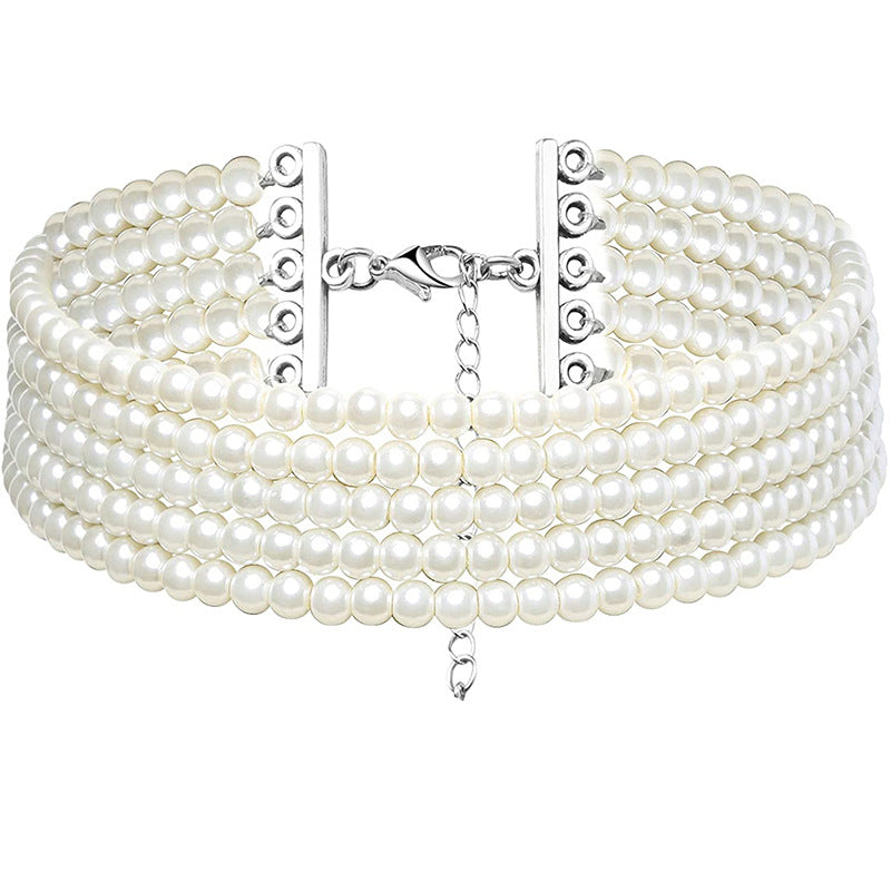 Bridal White Glass Pearl Multi-Strand Choker Necklace