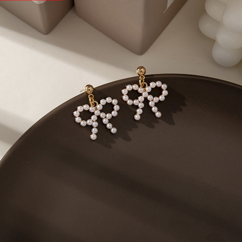 Pearl Dangle Hollow Bow Earrings