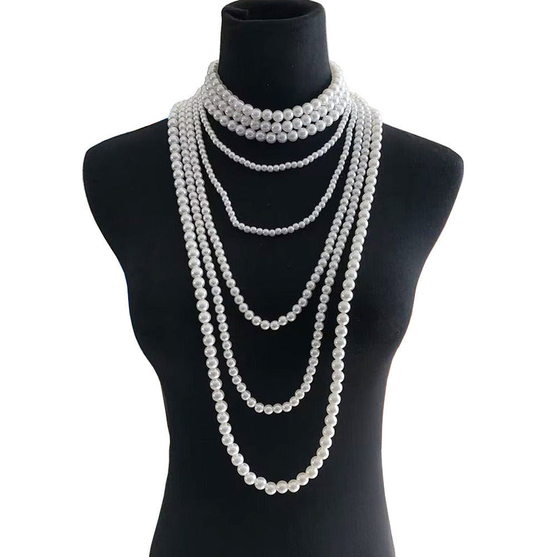 Multiple Long Beaded Vintage Collar Jewelry Imitation Pearl Baroque Style Necklace