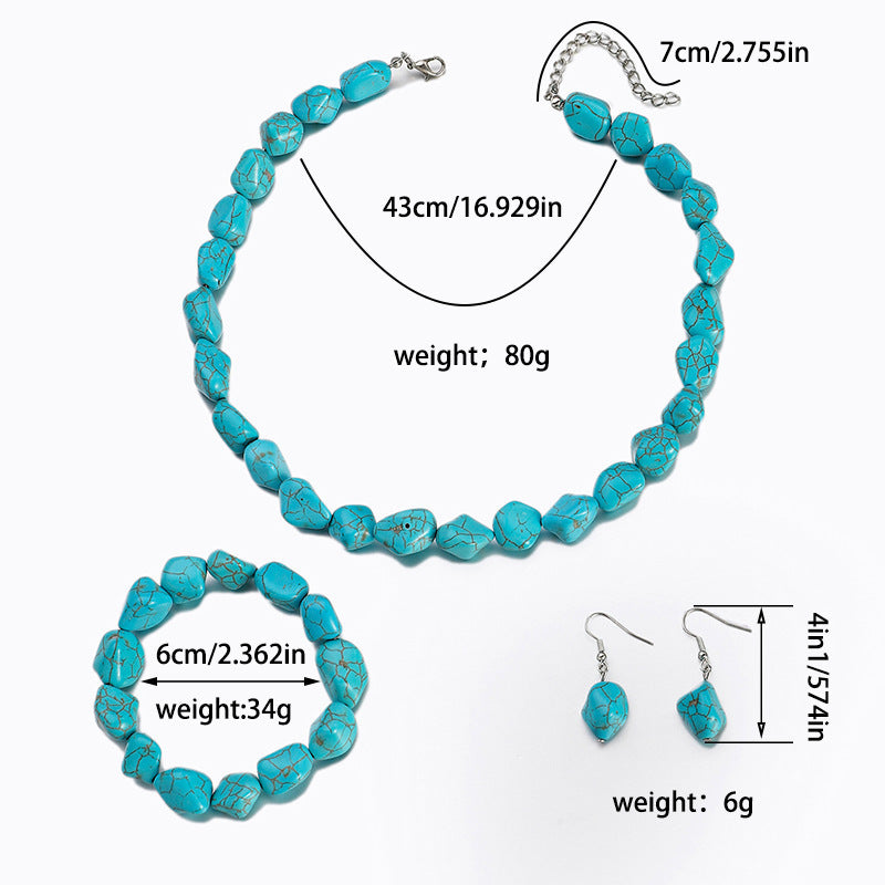 Vintage Turquoise Bracelet Irregular Beaded Necklace Elastic Bracelet Earrings Pendant Set