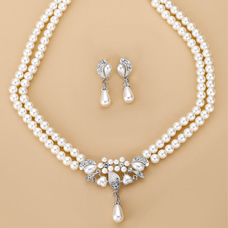 Pearl Crystal Necklace Drop Earrings Jewelry Set