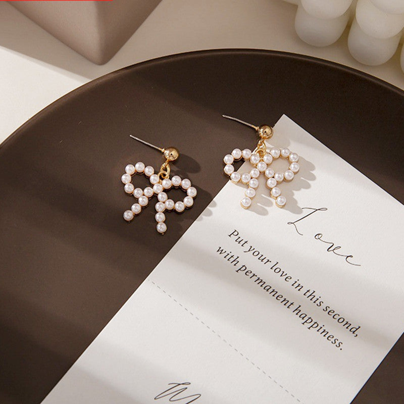 Pearl Dangle Hollow Bow Earrings