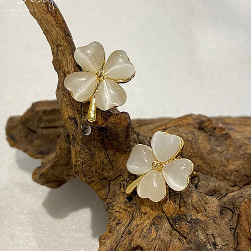 Elegant Opal Love Heart Four Leaf Clover Stud Earrings
