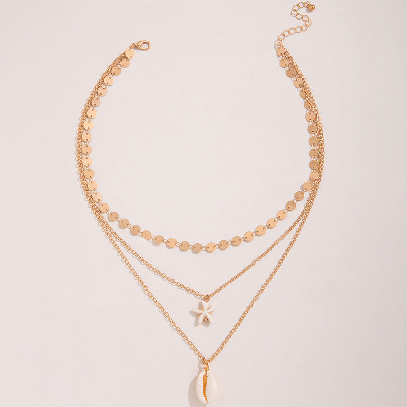 Multi Layer Chain Shell Choker Pendant Necklace