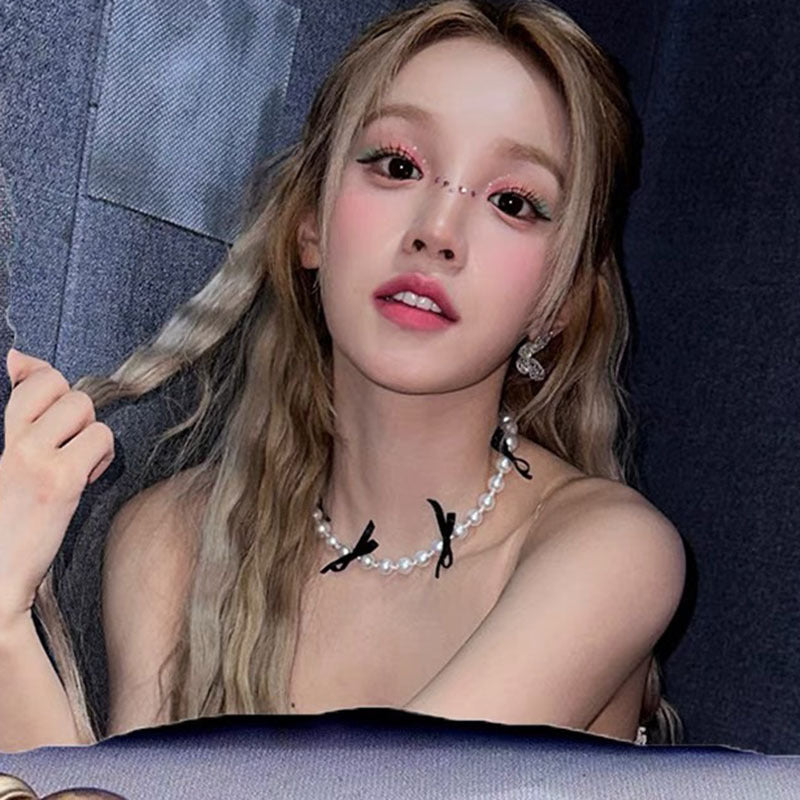 Ribbon Bow Necklace Women's Love Pearl Bead Layered Necklace