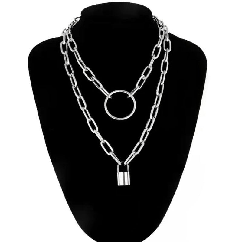 Punk Double Layer Lock Chain Necklace Padlock