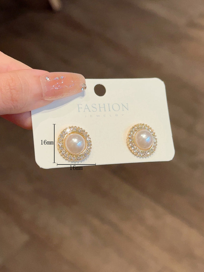 Elegant Round Rhinestone Pearl Stud Earrings