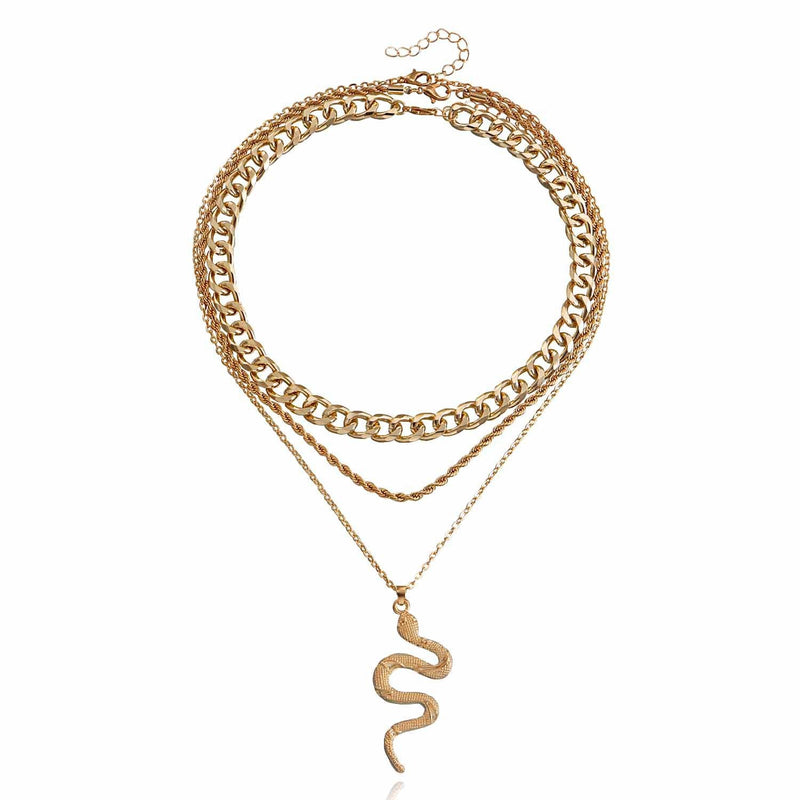 Vintage Cuban Chain Multi Layered Snake Pendant Necklace