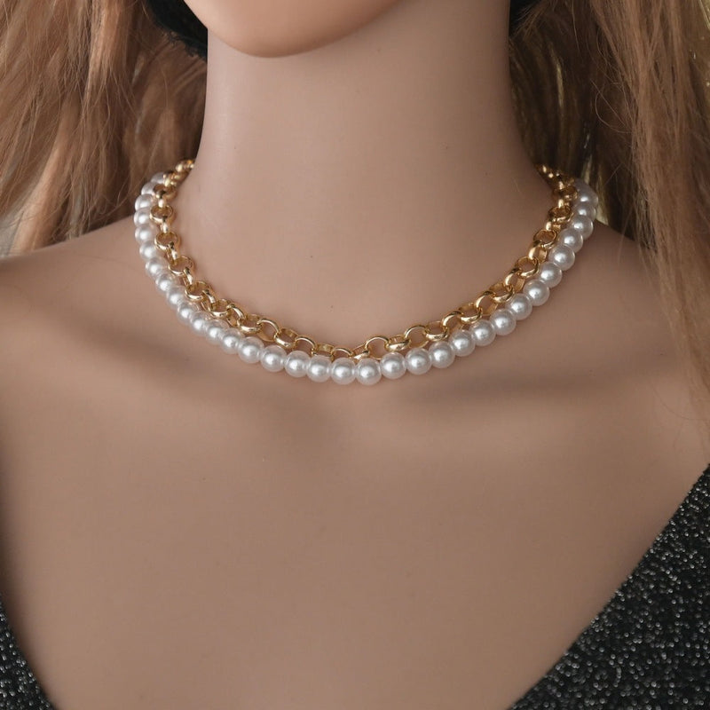 Double Layer Pearl Chain and Cuban Link Necklaces