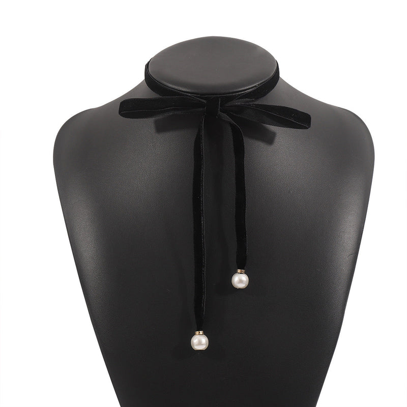 Women Velvet Pearl Bow Choker Simple Long Lace up Necklace