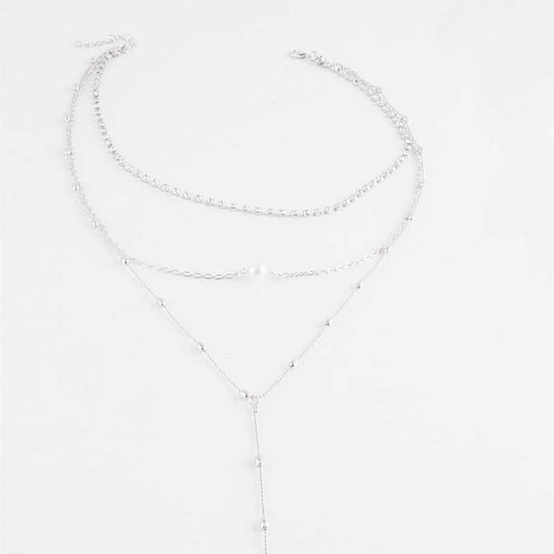 Long Multilayer Beads Chain Pendant Pearl Necklace
