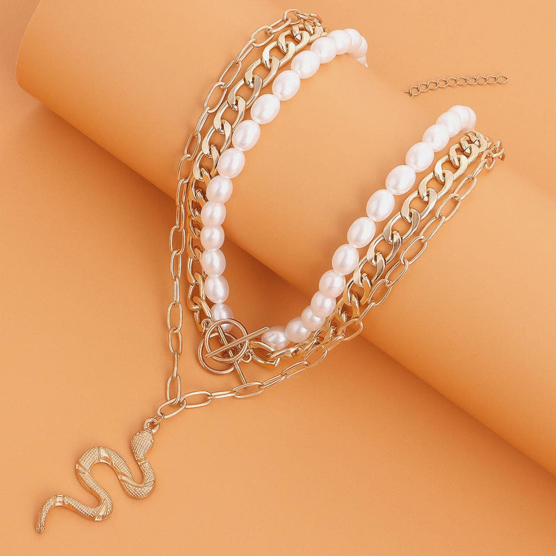 Cuban Chain Multi Layered Gold Snake Pendant Necklace