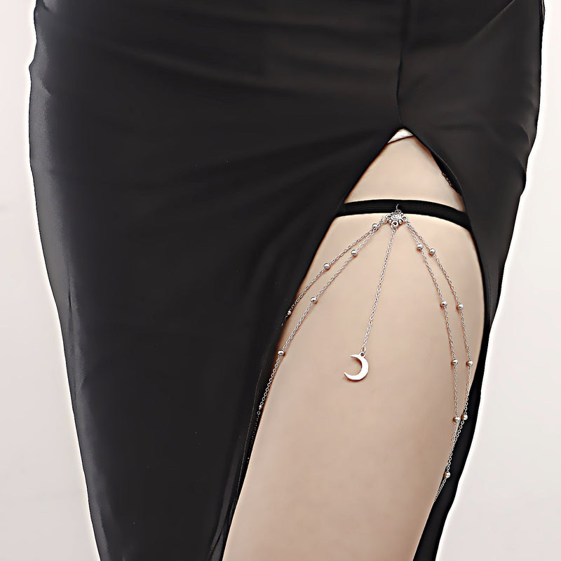 Sexy Elastic Double Layer Bead Body Metal Crescent Pendant Tassel Thigh Chain