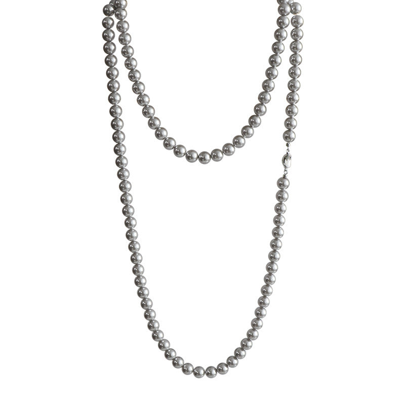 Long Gray Glass Pearl Vintage Charm Necklace