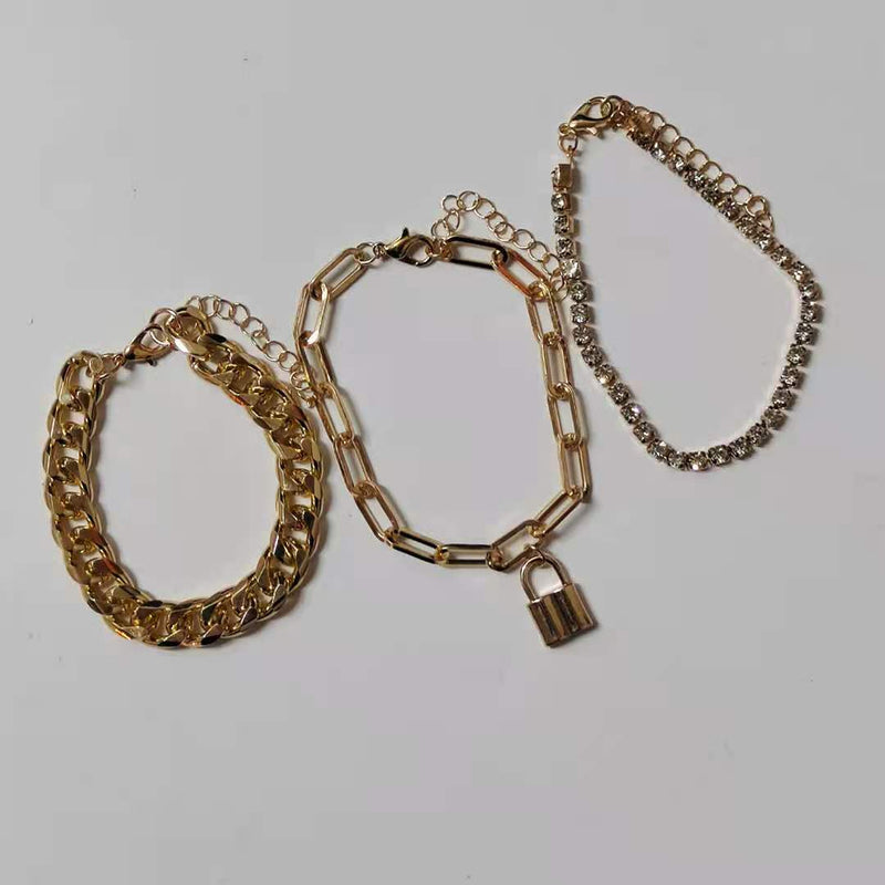 Layered Cuban Chain Bracelet Set Lock Charm
