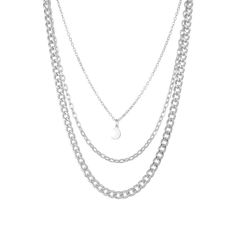 Multi-layered Chain Necklace Crescent Charm