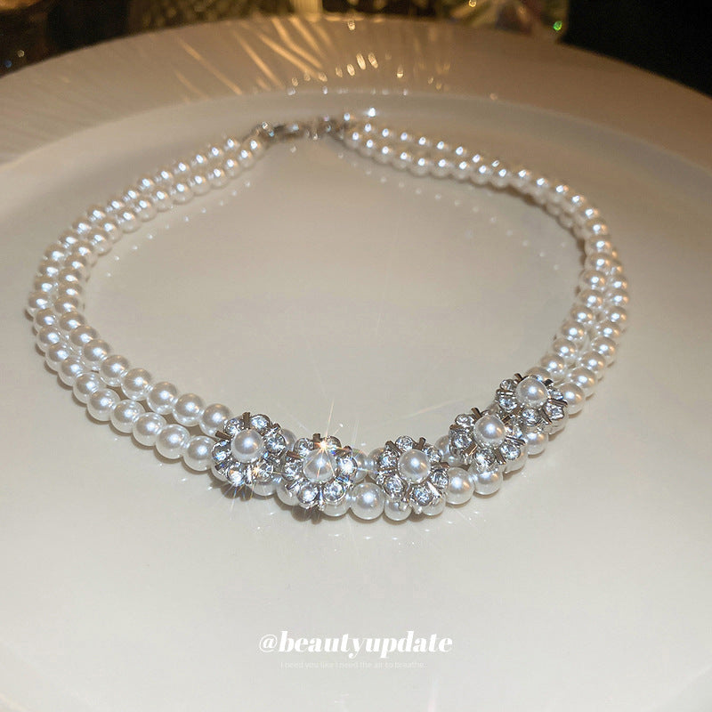 Baroque Pearl Stone Flower Double Layer Necklace