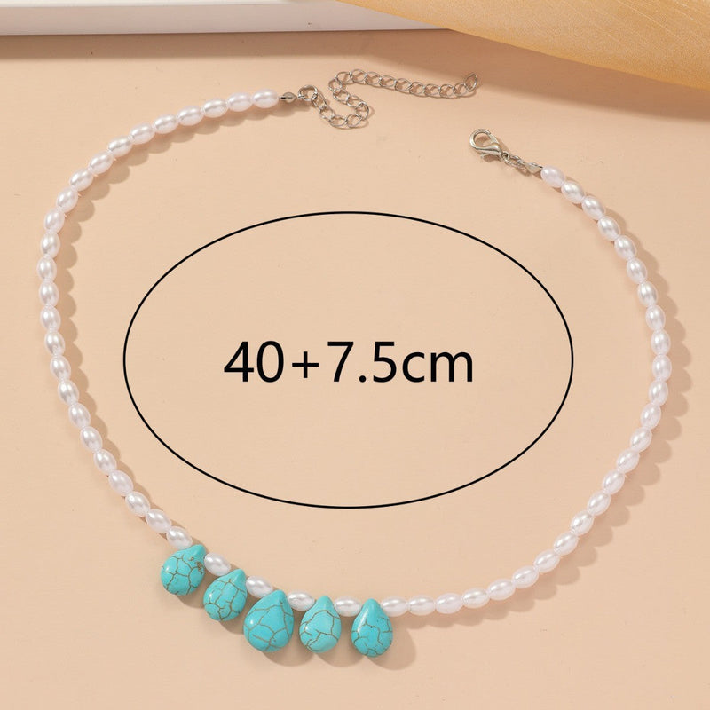 Bohemian Holiday Style Water Drop Turquoise Pendant Pearl Necklace