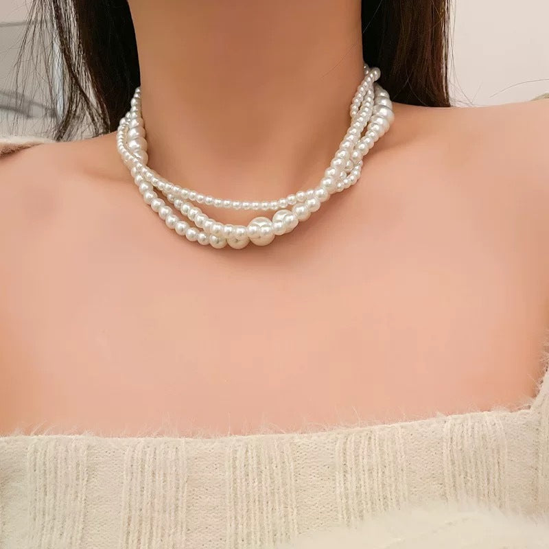 Women Multi Layer Pearl Bead Twist Choker Necklace