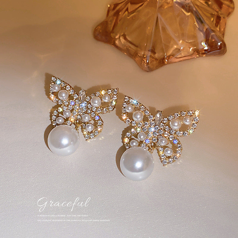 Pearl Butterfly Rhinestone Earrings for Women