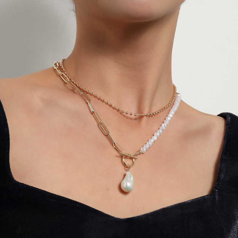 Pearl Round Bead Chain Overlay Necklace