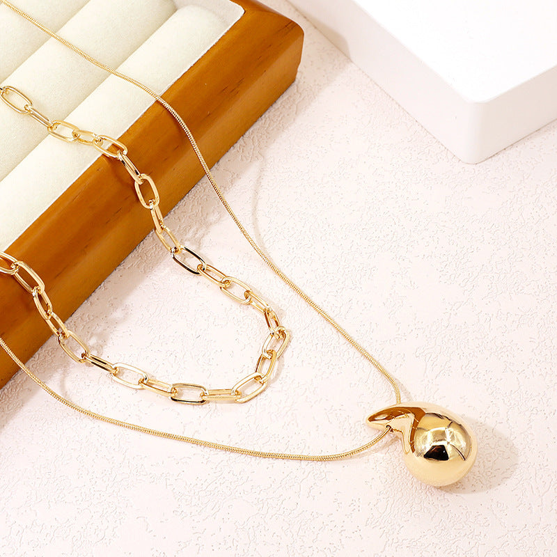 Women Paperclip Long Chain Necklace Teardrop Pendant