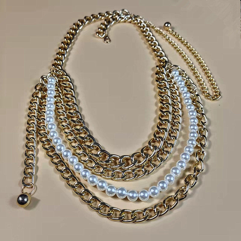 Metal Pearl Belt Chain Multi-layer Chain Belt Pearl Layered Waist Chain